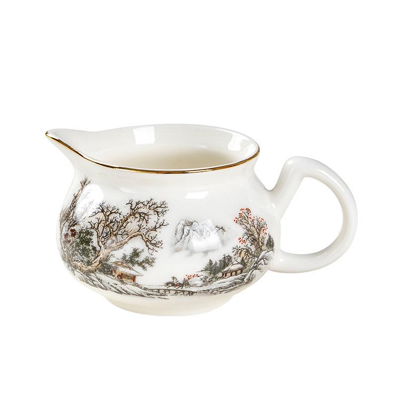 White Porcelain Tea Set: 270ml Pitcher, 190ml Fairness Cup, Milk Pitcher, and Blue & White Landscape Divider.