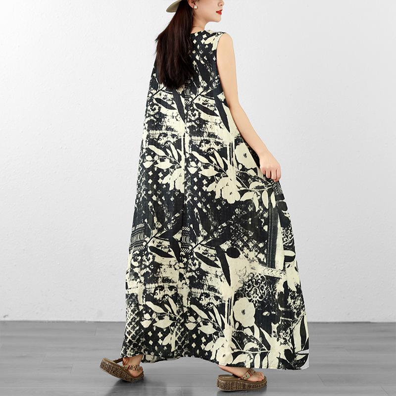 DIMANAF 2026 Women Plus Size Summer Beach Lady Long Dress Vest Sleeveless Vintage Loose Oversize Maxi Print Sundress Clothing