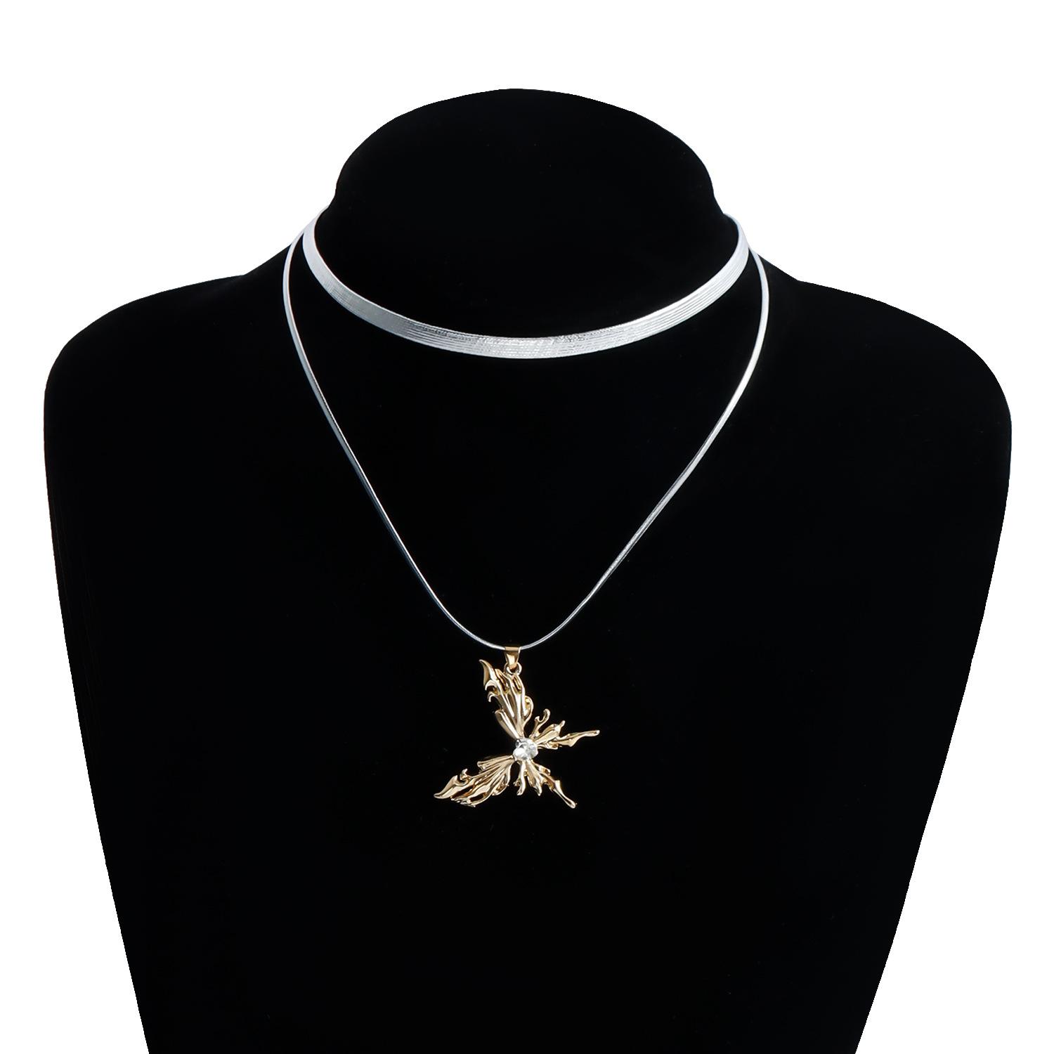 

Butterfly wing pendant silver pu rope collarbone chain ins wind personalized simple double-layer necklace