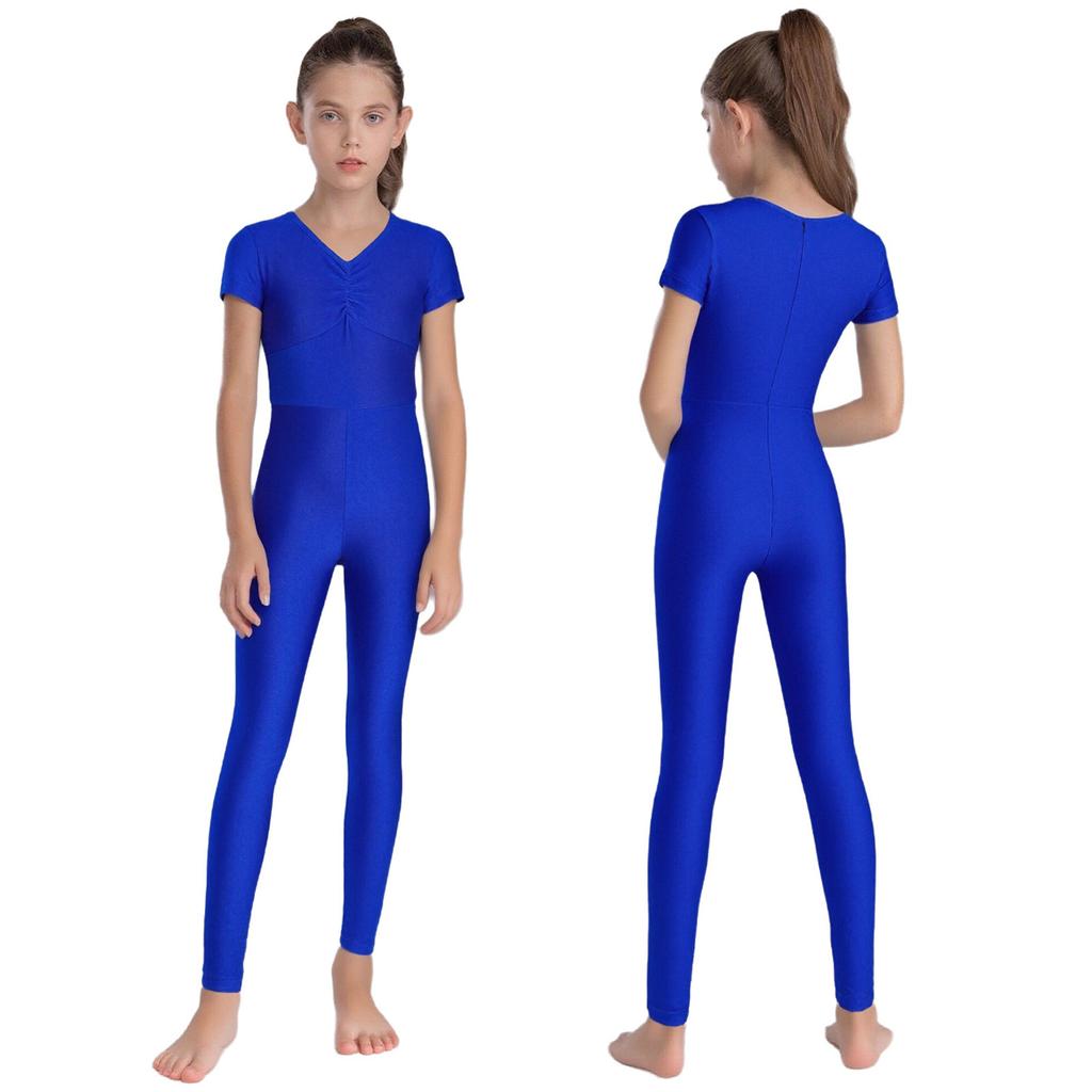 Kids Ballet Bodysuit V Neck Short Sleeve Ruched Front Leotard with Back Invisible Zipper for Gymnastics Figure Skating Performance