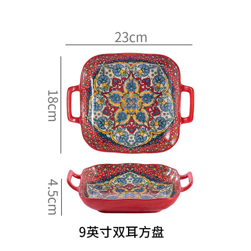 Bohemian Modern Ceramic Plates with Handle Salad Plate for Home Serving Dinnerwaren Boho Colourful Ceramics Plate