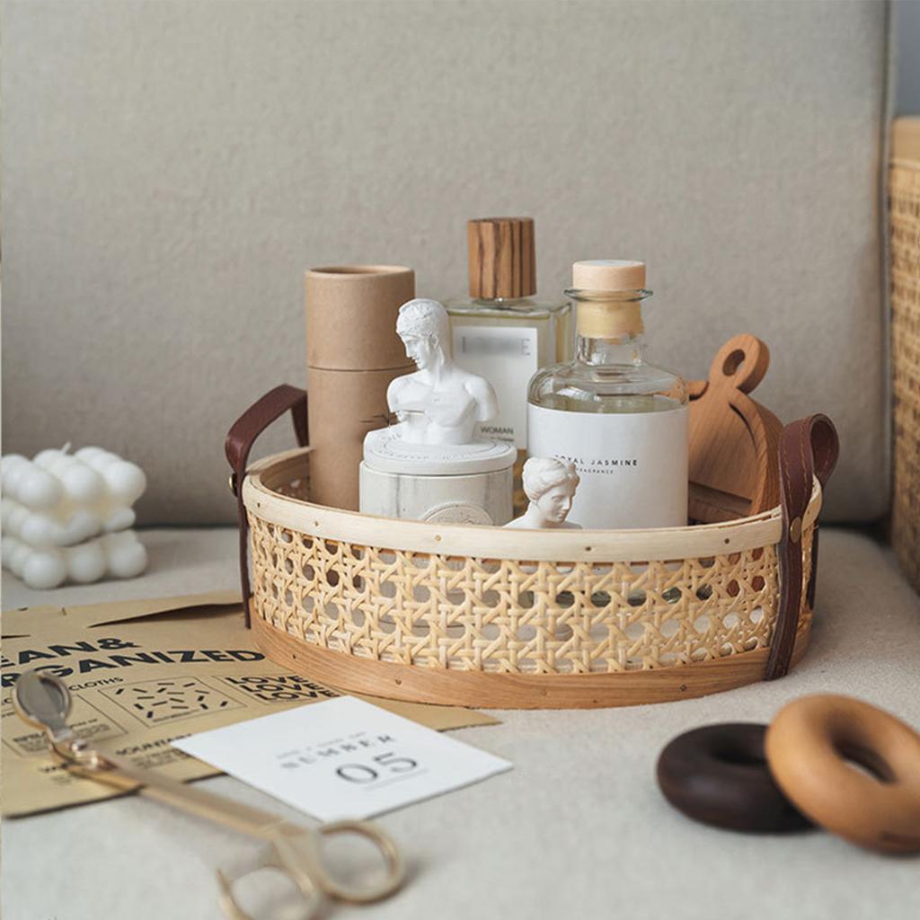 Aufbewahrungskorb aus Rattan mit Ledergriff Parfüm-Tragekorb Gewebtes Aufbewahrungstablett