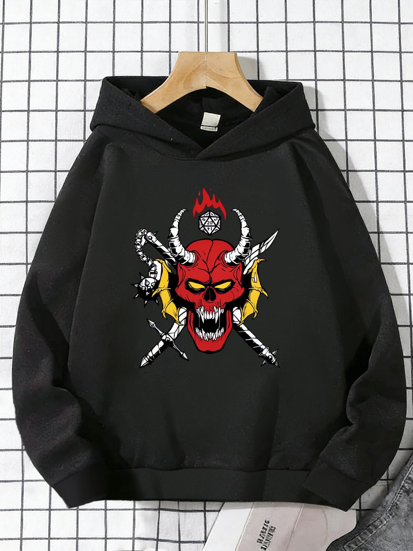 Dark Demon Skull Print Fantasy Weapon Element Cool Children s Black Hooded Sweatshirt 100