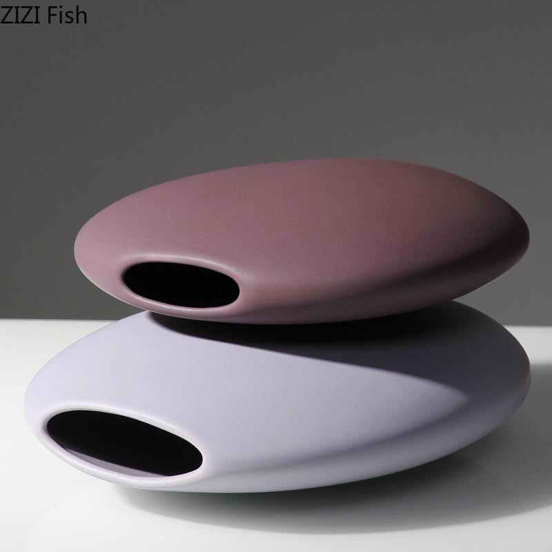Minimalist Flat Ceramic Vase Creative Round Plant Pots Table Decoration Flowers Arrangement Floral Vases Room Aesthetic Decor