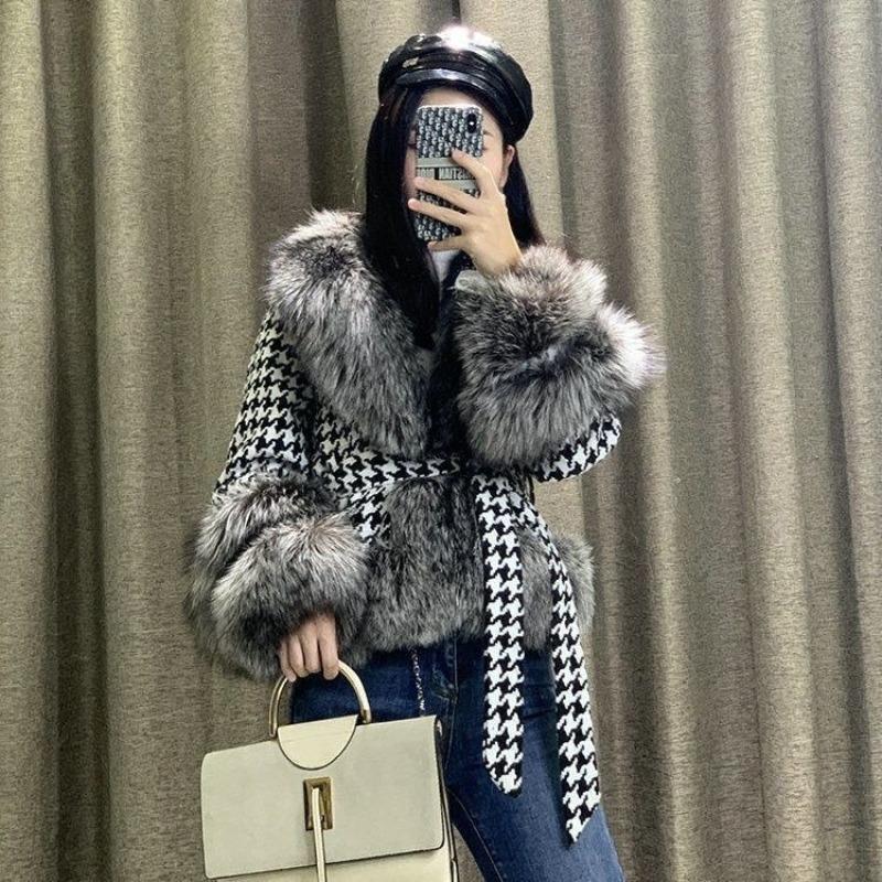 Imitation fur jacket women's short new light women's short thousand bird grid imitation silver fox fur jacket
