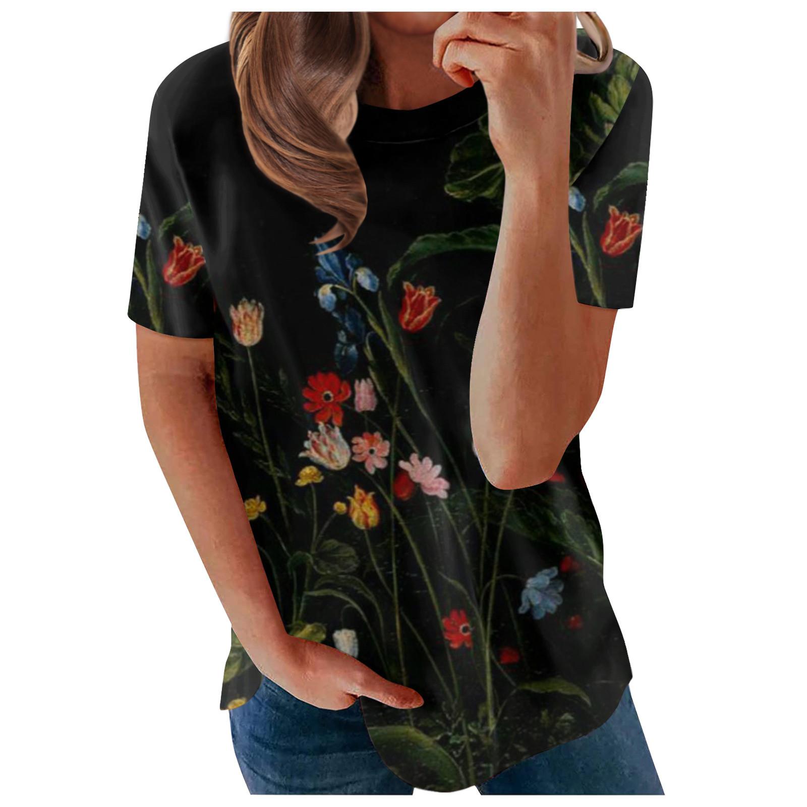 Women s Printed Short Sleeves Round Neck Vintage Short Sleeves Summer Loose Tops Tops Women s Summer T-Shirts L чёрный