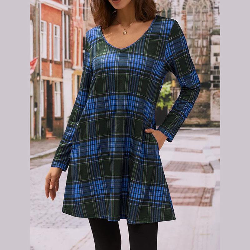 

Женское платье весна-осень с длинным рукавом, V-образным вырезом, в полоску, длиной выше колена, цельное платье с карманом XXXL синий