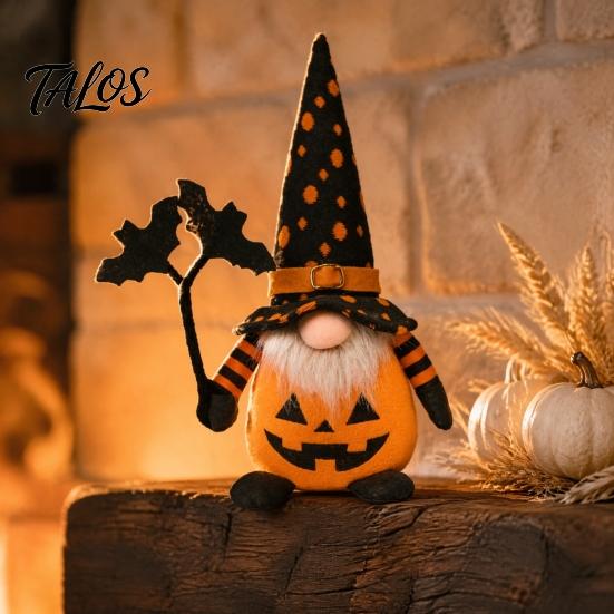 Pumpkin Theme Home Decor Halloween Plush Gnome Decoration, Spooky Orange Black Spider Web Bat Swedish Room Tomte Elf Figurine, Scandinavian