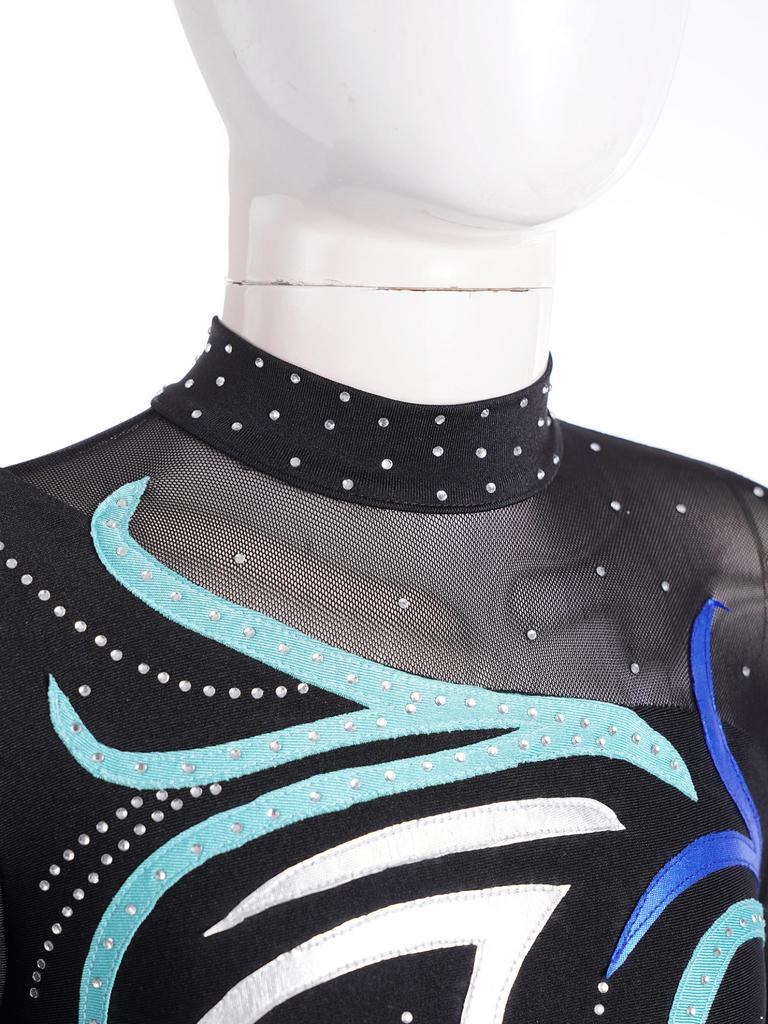 Kinder Mädchen Eiskunstlauf Tanz Performance Kleider Strass Mesh Patchwork Langarm Mock Neck Kleid Dancewear