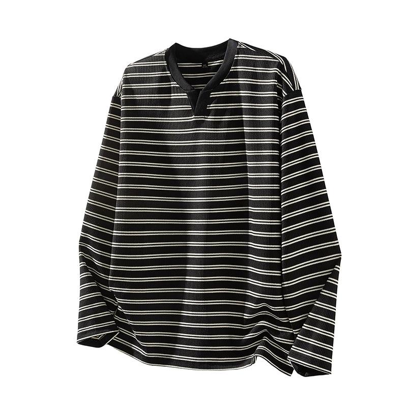 American Color Matching Neckline Small V-neck Knitted T-shirt Men's Autumn and Winter New Long-sleeved Striped Clothes
