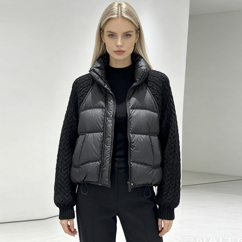 European and American knitted sleeves splicing down jackets women's short winter fashion stand-up collar warm white duck down tops are popular