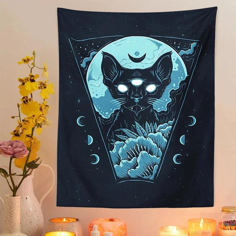Mystical Cat Moon Tapestry Flat Print Starry Sky Floral Wall Hanging Gothic Witchy Aesthetic Decor for Bedroom  Dorm Perfect