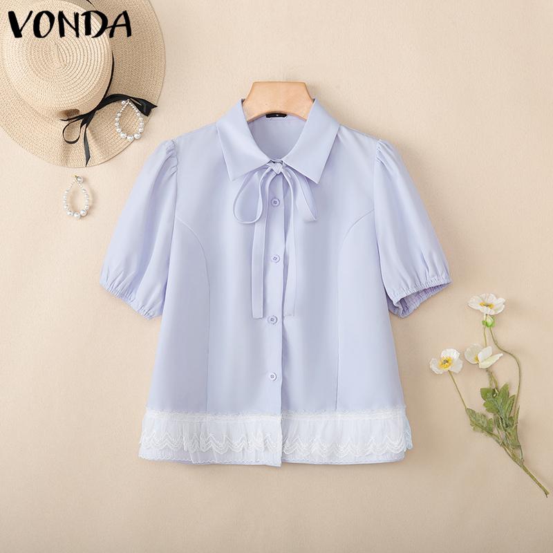 

VONDA Women Lapel Neck Bow Knot Short Sleeve Lace Crochet Patchwork Blouse 5XL синий