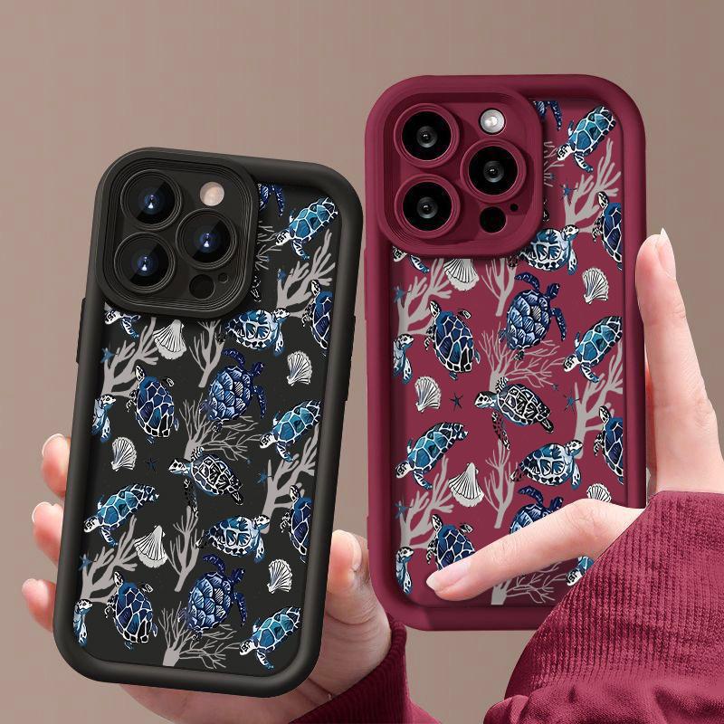 For iPhone 16 Pro 16E 15 Pro Max 14 13 12 11 Phone Case Shell Coral Turtle Pattern Anti-Fall Lens Protection Matte TPU Shockproof Soft Bumper Cover