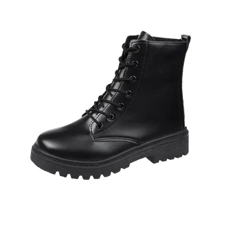 Damen Stiefeletten Herbst Neu Damenmode Britischer Stil Schwarz Lässig PU Kleiderschuhe Damen Motorradstiefel