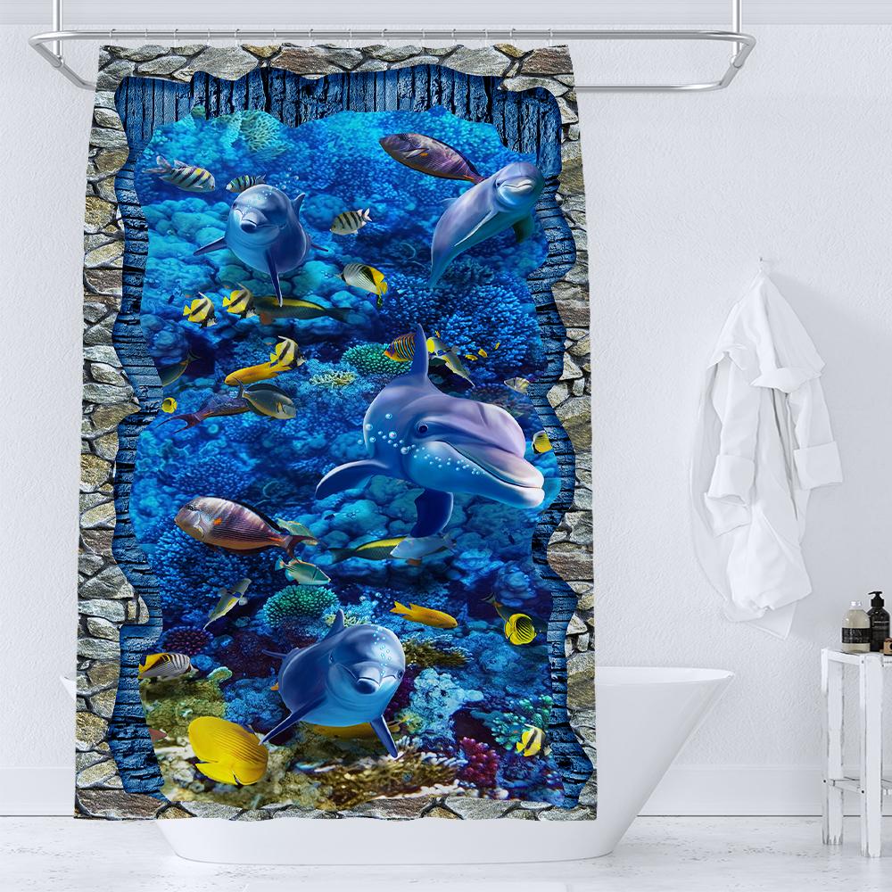 36X72 Inch Dolphin Shower Curtains Underwater World Marine Life Fabric Bath Curtain Kids Ocean Theme Bathroom Decor With Hooks