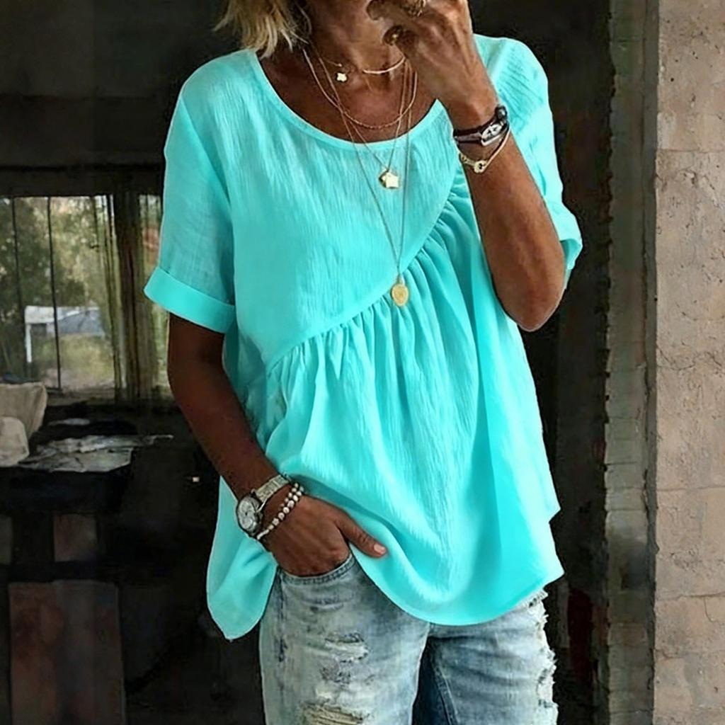 Women's Fashion Loose-Fit Round-Neck Short-Sleeve Gathered T-Shirt Top