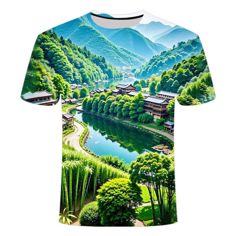 2024 summer new 3D printed short sleeved personalized creative trend bamboo forest series men's and women's round neck T-shirt