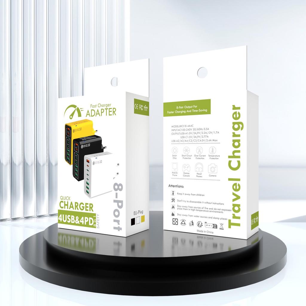 Fast 8-Port Charger: 4 USB, 4 PD, 55W, QC3.0 – Compatible with European, American, Korean Standards