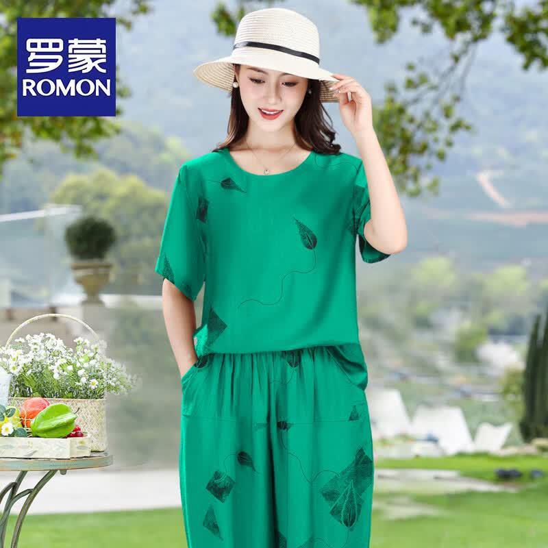 

ROMON Women s Casual Summer T-shirt & Cropped Pants Set 2XL