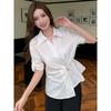 South Korea Dongdaemun Summer New Arrival Work Clothing Business Ol White with Lapel Asymmetrical Short Sleeve Shirt Top Easiest for Match Women