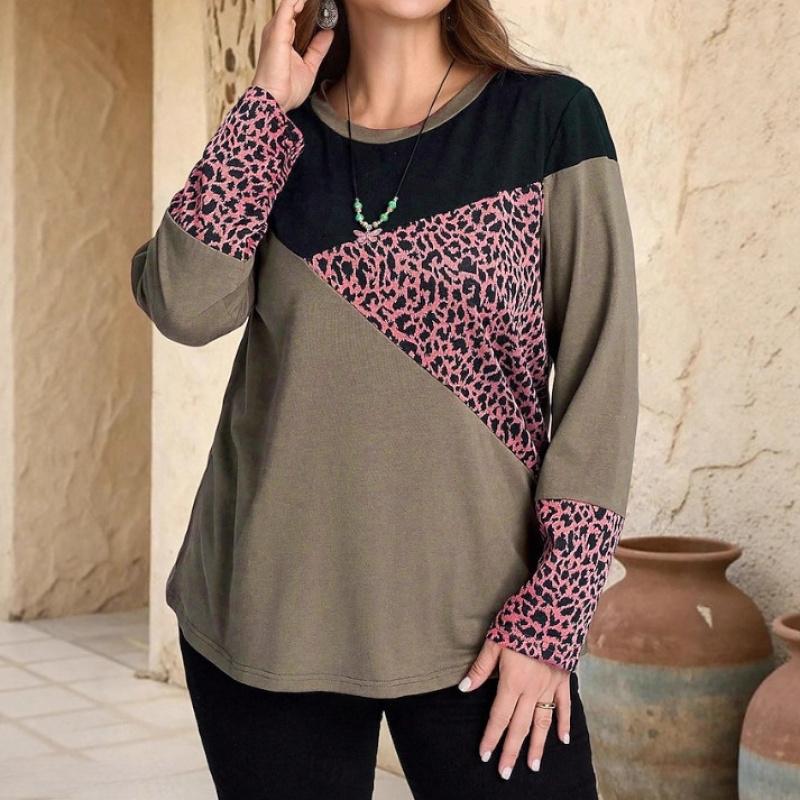 2026 Spring and Autumn New Fashion Trend for Women: Leopard Print Patchwork Round Neck Casual Long Sleeve