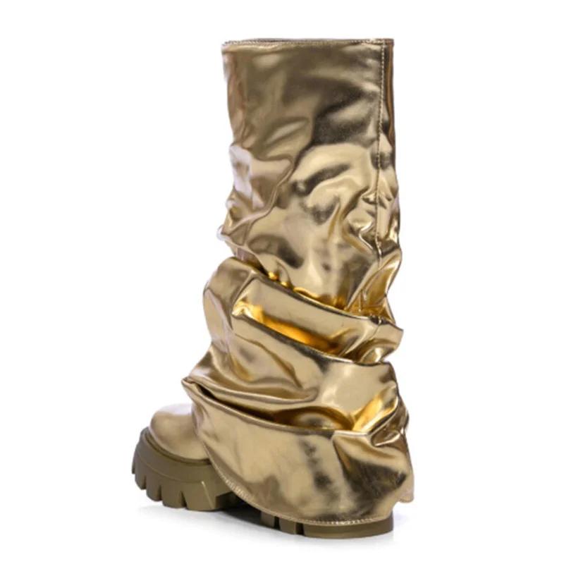 Women's Mid Calf Boots Thick Bottom Round Toe Runway Style Pleated Boots Women Platform Boots Gold Silver Large Size Shoes