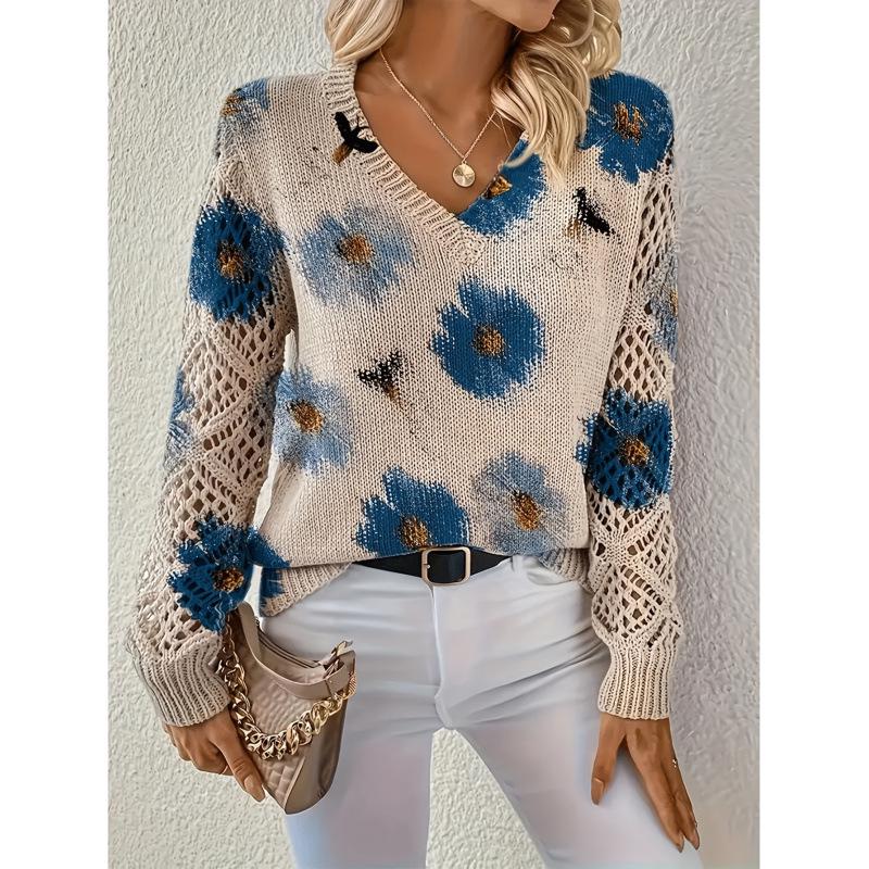 Bohemian Floral V-neck Sweater - Elegant, Long Sleeve Pullover Top