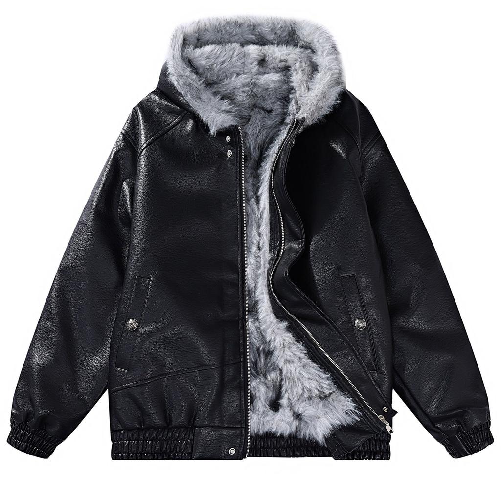 European size fleece thickened PU leather hooded cotton clothes American style fur collar leather clothes men's thickened warm cotton-padded clothes j