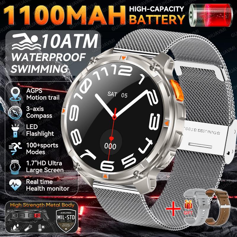 New Military Men 1100mAh Durable Battery Smart Watch With GPS Compass 10ATM Waterproof 1.7"AMOLED Screen Outdoor Swim Smartwatch