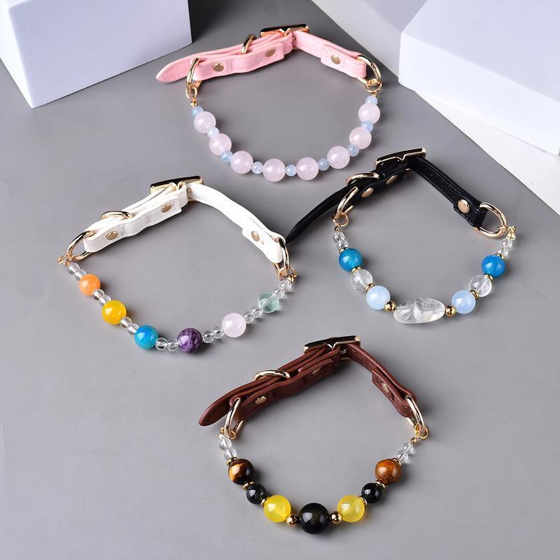 Handmade Natural Crystal Stone Pet Collar Necklace Dogs Cats Accessory With Beaded Design