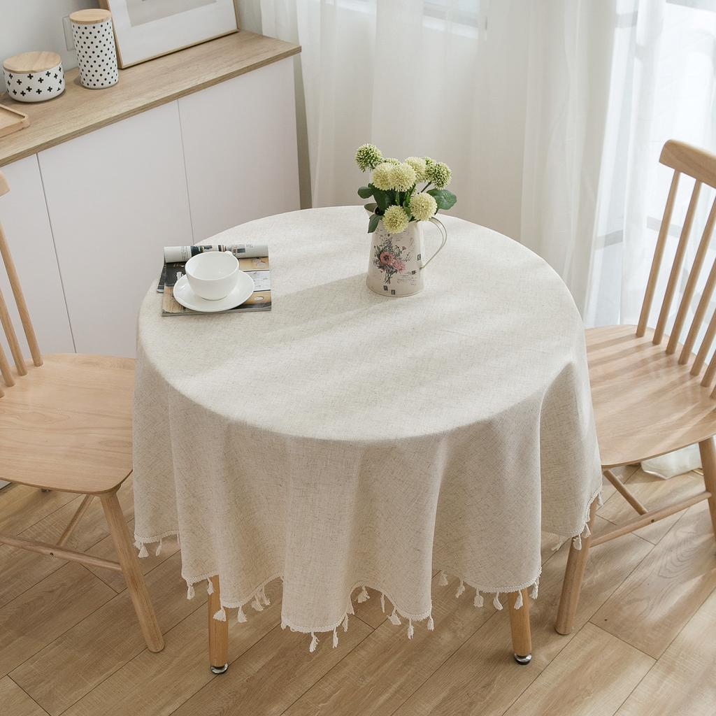 Plain Tablecloth with Fringed Round Table Dining Table Household Round Suitable for Holiday Dining Rooms, Living Rooms, Family Gatherings