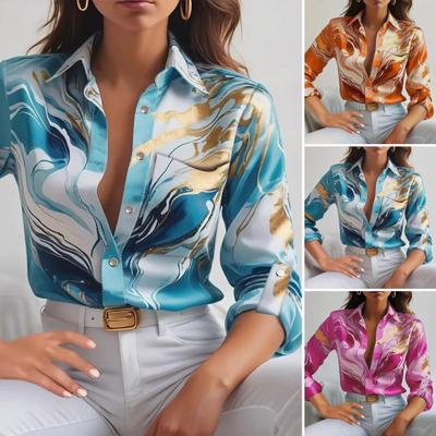 Camisa feminina lapela manga comprida estampa camisa tops trespassado primavera outono estilo viajante blusa