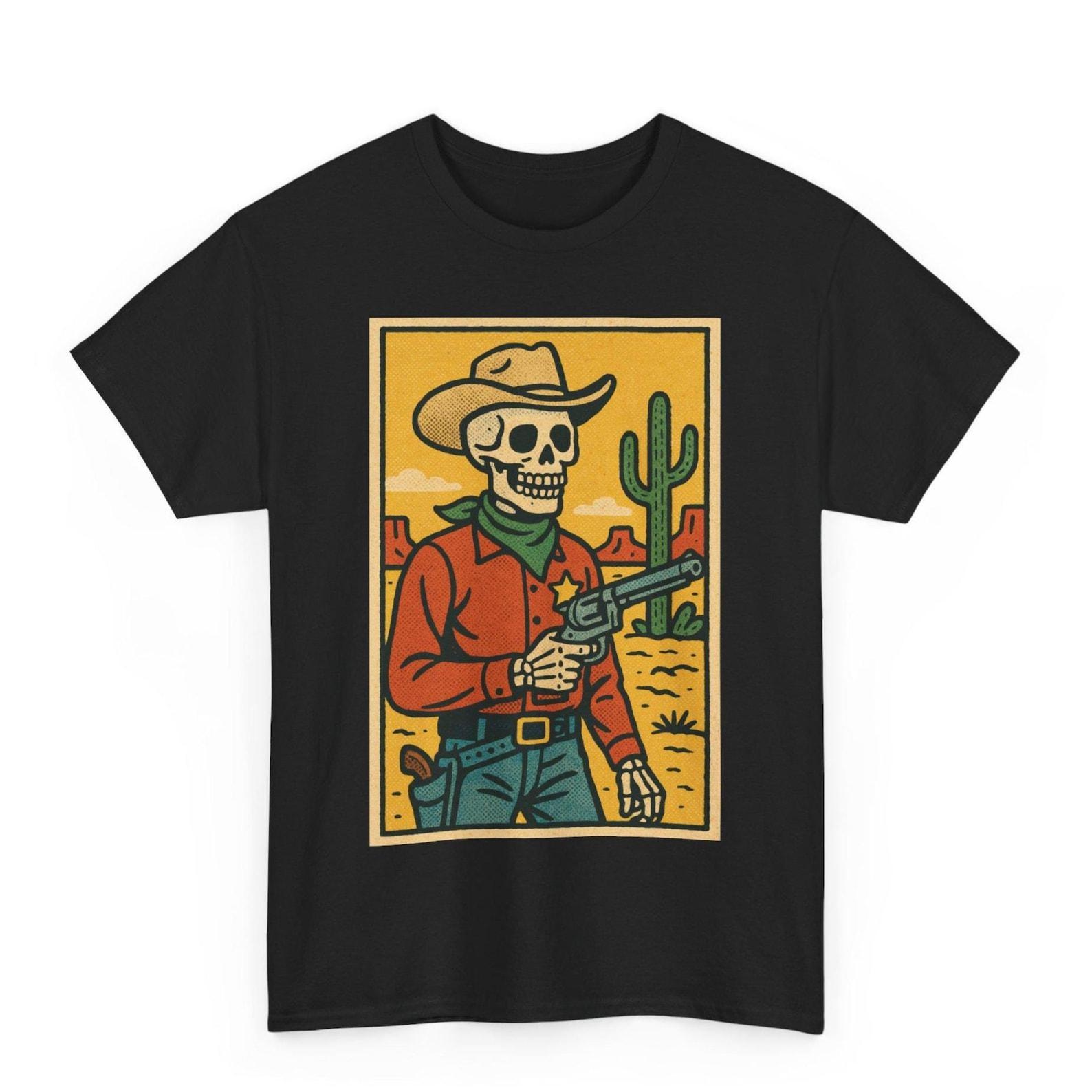 Skeleton Cowboy T-Shirt: Retro Rodeo Skull Graphic Tee M