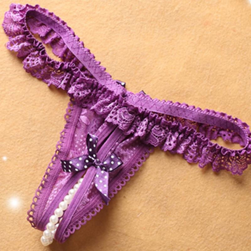 Erotische Höschen Sexy schrittoffene Damen-Mini-Tangas mit Perlenspitze, transparentem Netzstoff, Rüschen-Tangas, floral bestickter Schleifenknoten-G-String