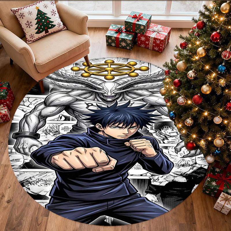 Jujutsu Kaisen Pattern Round Rug, Indoor/Outdoor Mat, for Picnic, Gameroom, Bedroom, Office, Living Room, Home Decor Carpet, Birthday Gift