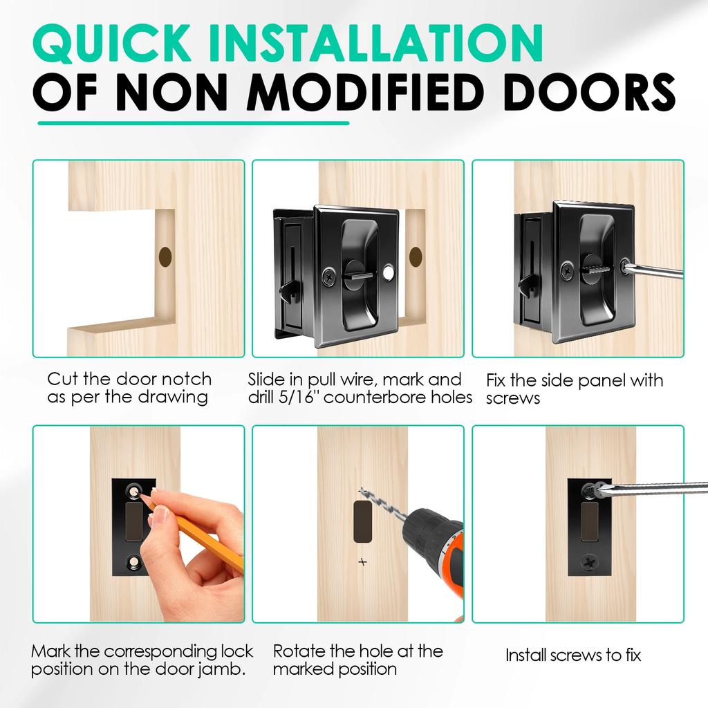 Cerradura de Puerta Corredera de Privacidad con Tirador Acero Inoxidable Herrajes para Puerta de Bolsillo Corredera Pestillo Deslizante para Puerta de 1-3/8” de Espesor