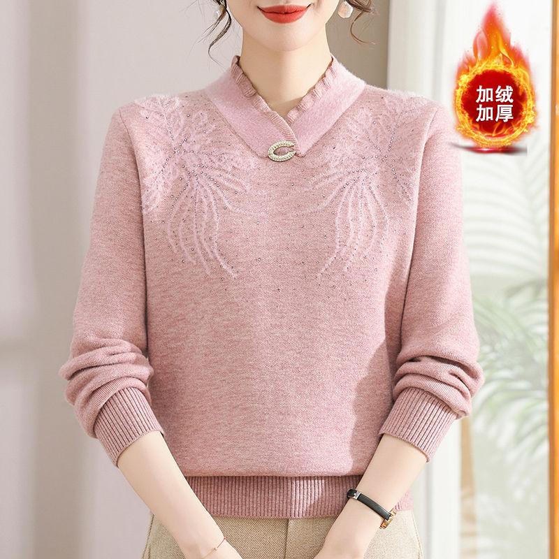 Solid Color Pullover V-neck Ironing Diamond Casual Elegant Sweater Fashion Top