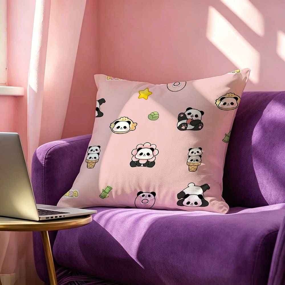 Fashionable Chibi Panda Square DoubleSided printed Pillow Case Bedroom Bedside Pillow Sofa Cushion Cover