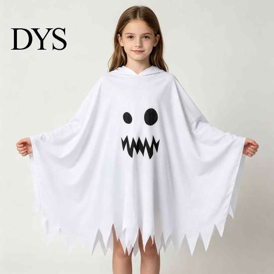 Indoor Outdoor Halloween Activity Wear Hooded Ghost Costume, White/Black Cape Costume for Kids Adults, Spooky Easy Loose Style Party Outfit with Wave