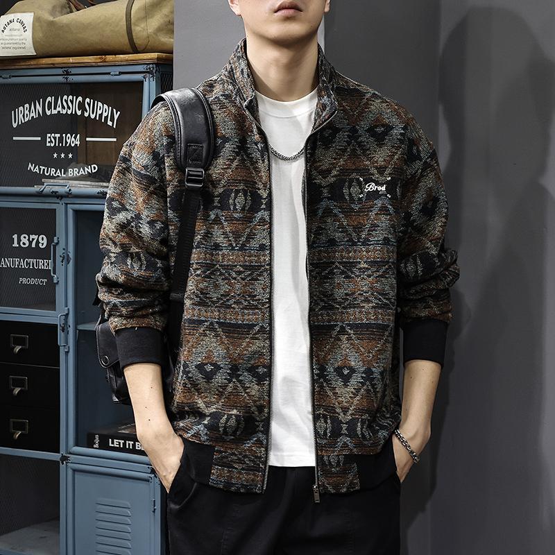 

Осенний ретро этнический стиль кардиган стоячий свитер мужской свободный модный бренд тяжелый жаккардовый шерстяной трикотажный повседневный пальто 5XL хаки