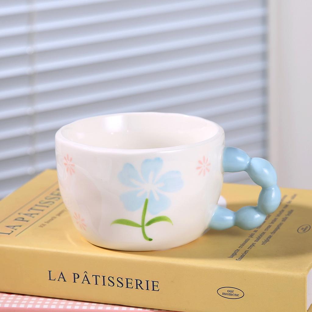 Kreative Frühstückstasse Handbemalte Blumen Keramiktasse mit Löffelset Müslischale Becher Ins-Stil