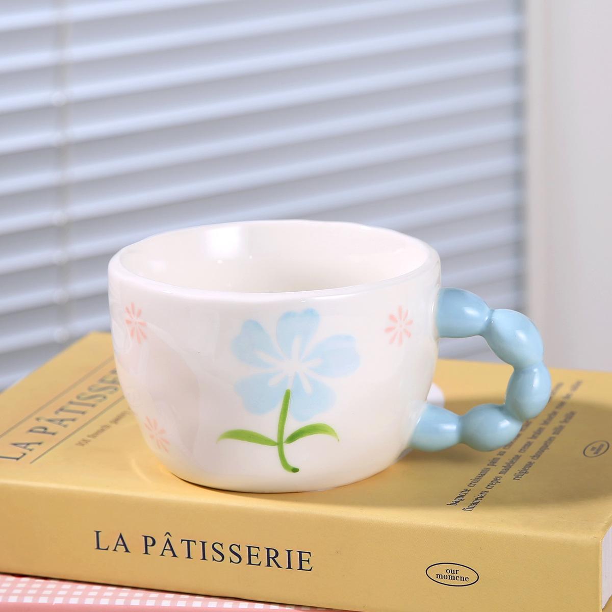 

Creative Breakfast Cup Hand Painted Flowers Ceramic Cup with Spoon Set Cereal Cup Mug Ins Style 400ML