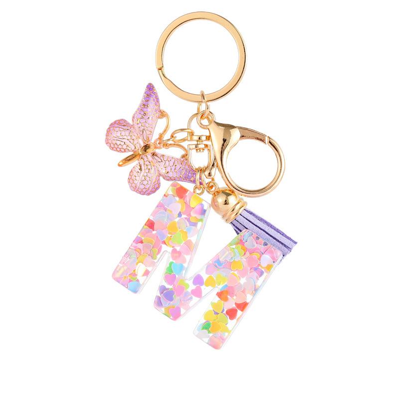 Light Purple Sequin Fringe Resin Keychain 26-Letter Accessory Classic Retro Durable Bag Charm Practical Gift For Friends And Family
