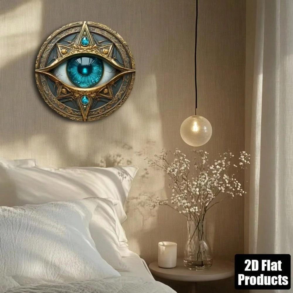 Blue Evil Eye Round Metal Wall Art Aluminum Home Decor Sign for Living Room Kitchen Bedroom Office Bar Cafe Protection