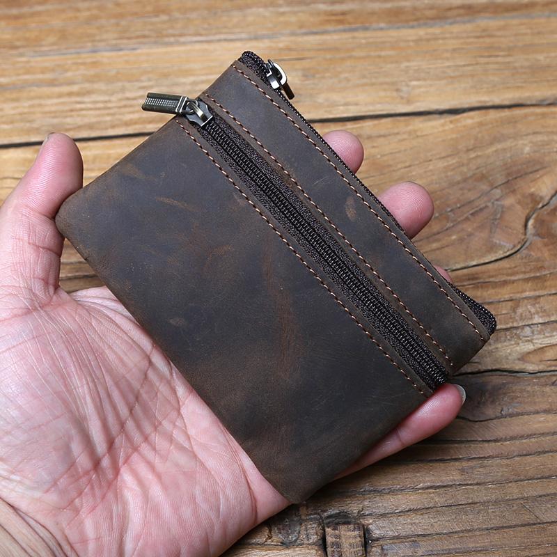 NZPJ Men's Real Leather Card Bag Vintage First Layer Cowhide Lady's Change Purse Zipper Wallet Key Bag Driver's License Bag