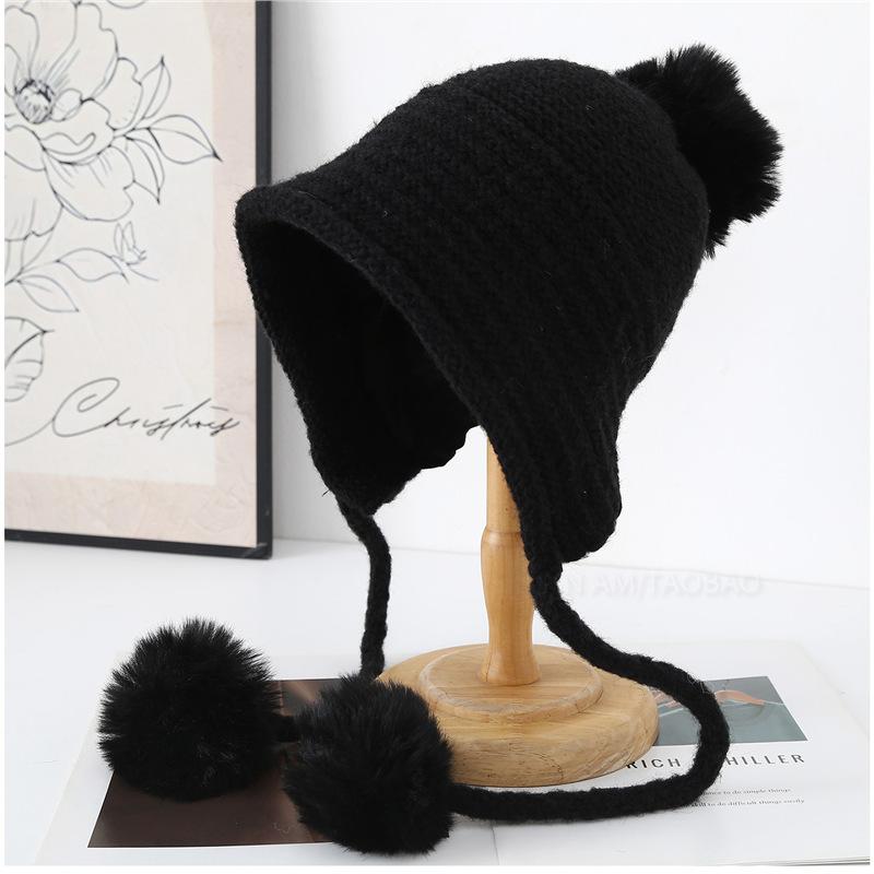 Korean Hairball Strap Solid Color Double-Layer Knitted Bomber Hat Women Simple Casual Versatile Cute Wool Pompom Beanie Cap