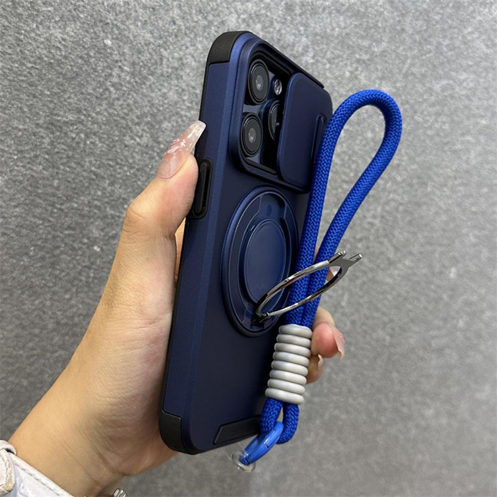 Armor Ring Stand Holder Slide Window Magnetic with Wrist Strap Phone Case for iPhone 16 15 Pro Max 13 12 11 14 Plus Bumper Cover