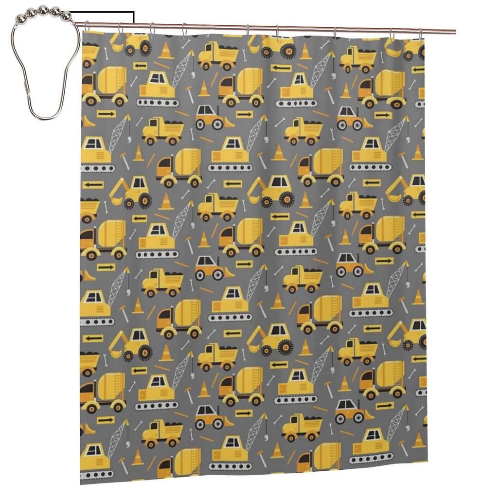 Construction Trucks On Gray Shower Curtain Bathroom Polyester Waterproof Bath Curtains With Hooks