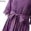 ZANZEA Women Casual Round Neck 3/4 Sleeve Loose Patchwork Lace Dress